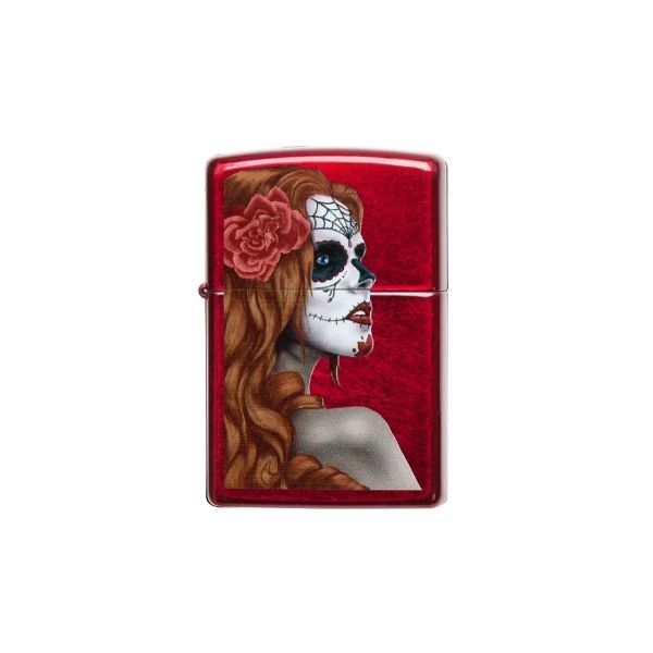 A Zippo-style lighter with a polished silver chrome body and a red textured backplate, featuring an illustration of a woman with sugar skull makeup, long brown hair, and a red rose.