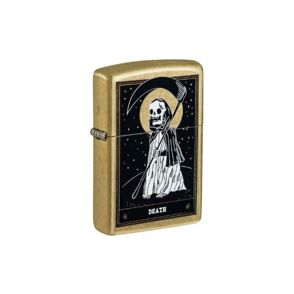 A brass Zippo-style lighter with a black and white &