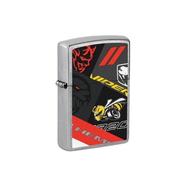 A silver metal Zippo lighter with a custom black, red, and yellow graphic design featuring a hornet, flames, and the word &
