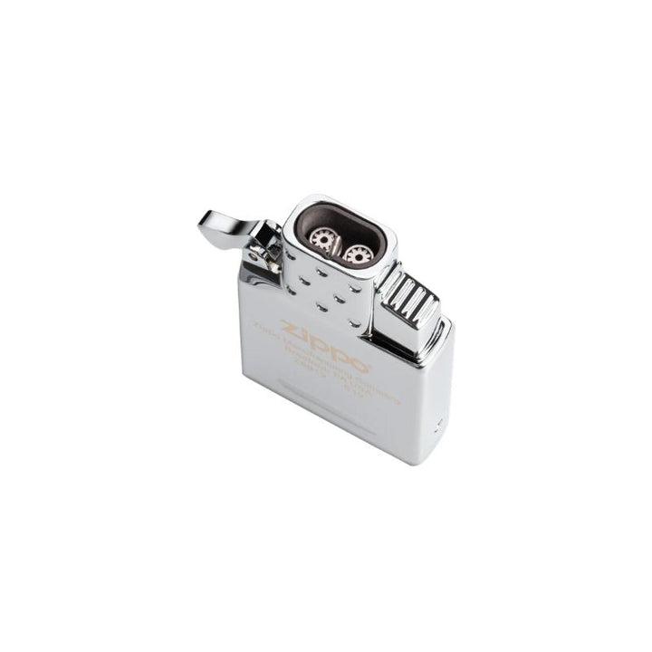 A polished chrome double-flame butane insert Zippo lighter with its windproof door open, shown from an elevated angle on a solid white background.