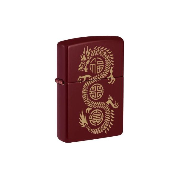 A matte dark red Zippo lighter featuring a gold dragon design with Chinese characters, shown on a plain white background.