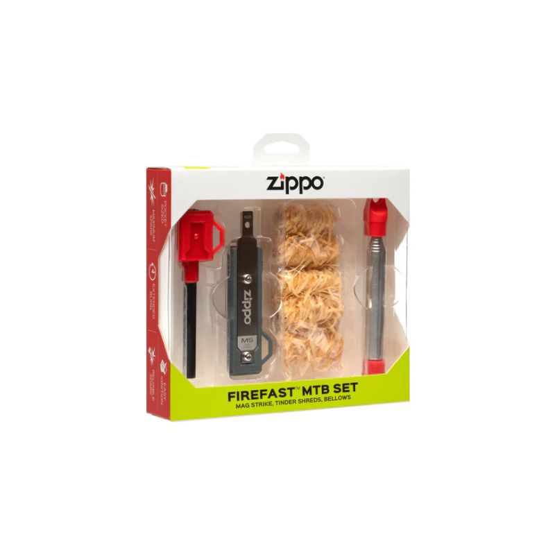 Zippo Firefast MTB Set in its retail packaging, containing a black Zippo lighter, a red and black fire starter, and a pack of tinder on a white background