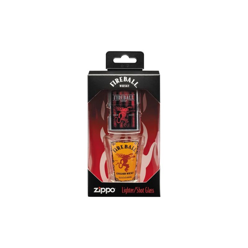 Zippo Fireball Whiskey lighter and matching glass shaker set in its original retail packaging, featuring the iconic red dragon logo and black and red flame design.