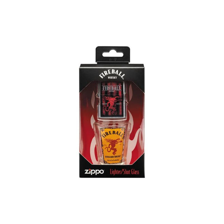 Zippo Fireball Whiskey lighter and matching glass shaker set in its original retail packaging, featuring the iconic red dragon logo and black and red flame design.