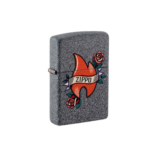 A Zippo-style lighter with a textured dark gray finish, featuring a traditional tattoo-style red fish graphic with roses and a banner that reads &
