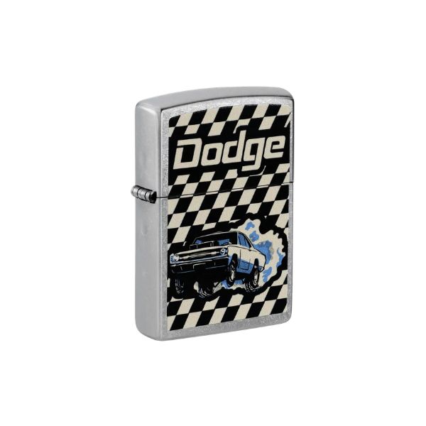 A silver metal lighter with a black and white checkered pattern, featuring the &