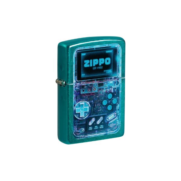 A Zippo lighter with a metallic teal-green body and a transparent, circuit-board-style graphic overlay depicting a retro handheld game console. The Zippo brand logo is visible on the screen graphic on a white background