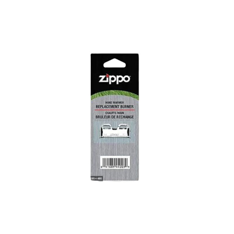 Zippo Hand Warmer Replacement Burner in its original retail packaging, featuring a black and silver card with a clear window showing the metal burner inside on a white background