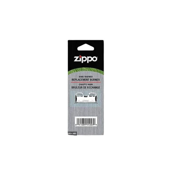Zippo Hand Warmer Replacement Burner in its original retail packaging, featuring a black and silver card with a clear window showing the metal burner inside on a white background
