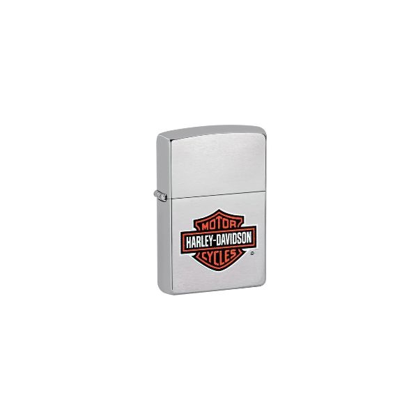 A silver metallic Zippo lighter with a Harley-Davidson logo printed on the front, set against a plain white background.
