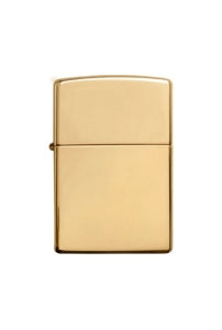 A classic Zippo rectangularhigh polish brass lighter with a polished gold finish, shown against a plain white background.
