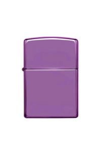 A classic Zippo rectangular lighter with rounded corners, featuring a metallic purple finish, is shown against a plain white background.
