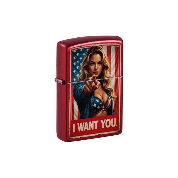 A red Zippo lighter with a printed graphic of a woman pointing forward against an American flag background, with the text &