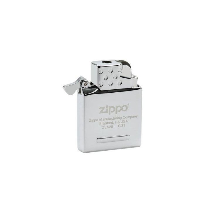 A silver metallic Zippo lighter, yellow flame insert, with its wind guard open, shown on a plain white background.
