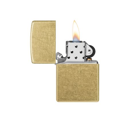 A classic Zippo-style lighter with a textured brass-colored body and a polished silver metal top, shown open with a flame lit, on a plain white background.