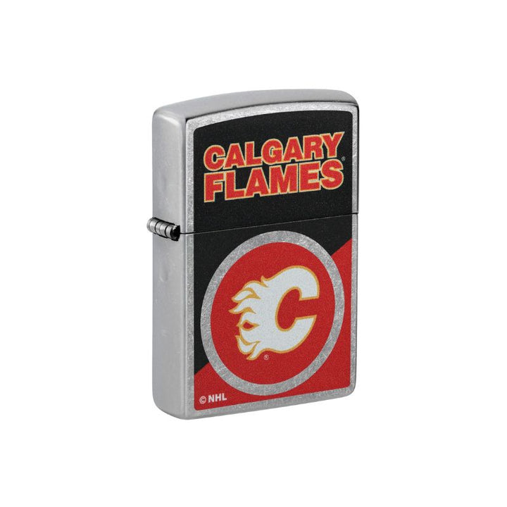 A silver metal Zippo lighter featuring the Calgary Flames NHL logo, with a black top section displaying &