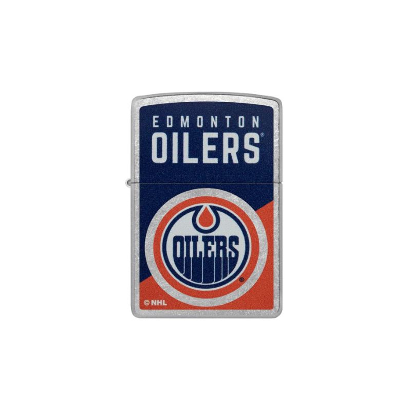 A silver Zippo lighter featuring the Edmonton Oilers NHL logo, shown against a plain white background.