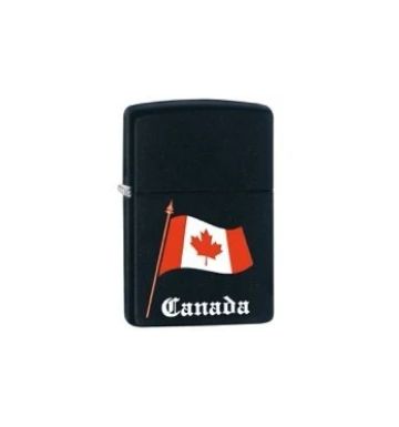A black Zippo-style lighter featuring a printed Canadian flag and the word &