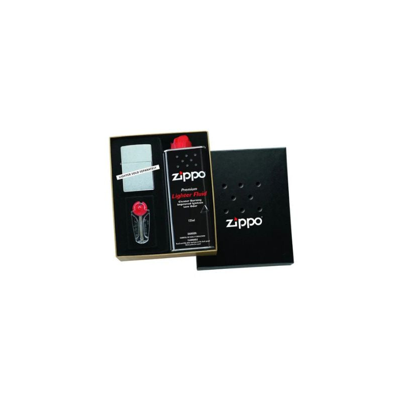 Zippo Premium Lighter Fluid gift set featuring a black Zippo lighter fluid bottle, a silver Zippo-style lighter, and a black presentation box with the Zippo logo, shown on a white background.