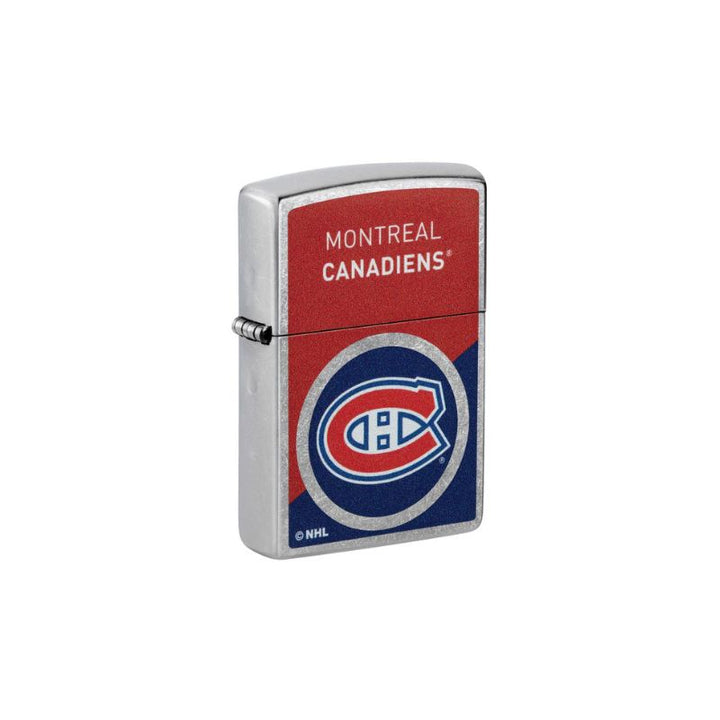 A silver metal lighter featuring the Montreal Canadiens logo and team name on the front, set against a plain white background.