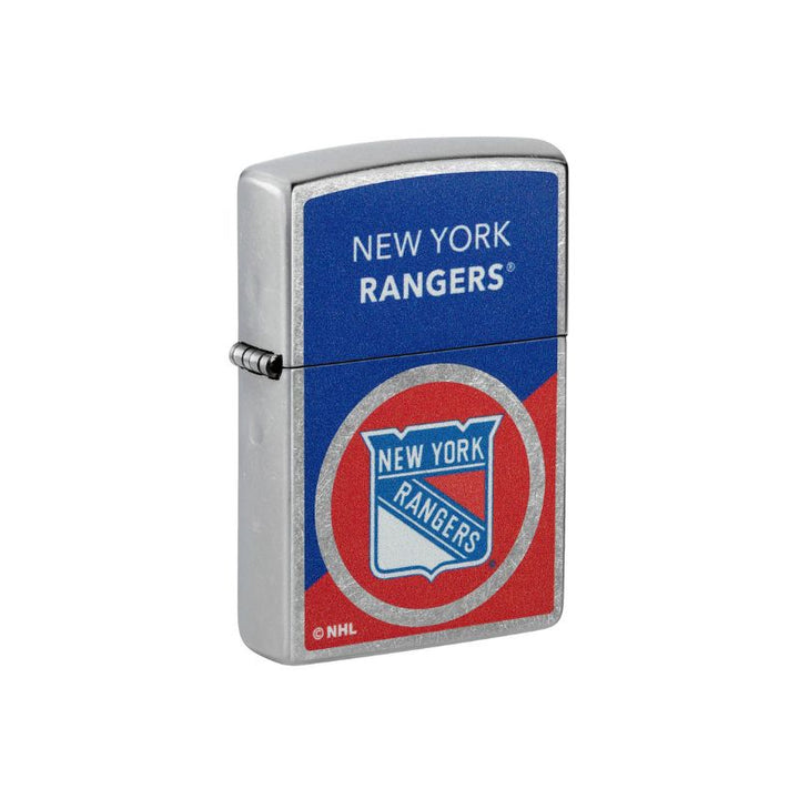 A silver zippo metal lighter featuring the New York Rangers NHL logo, with a blue top section and a red bottom section, shown on a plain white background.