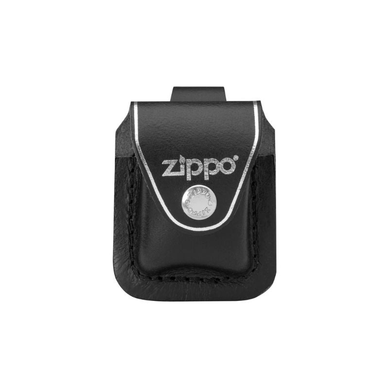 A black leather Zippo lighter holder pouch with silver metal trim and a silver Zippo logo on the front, shown against a plain white background.