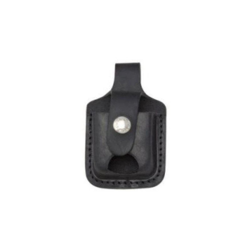 A black leather Zippo LPTBK  belt holster with a snap-button closure, shown against a plain white background.