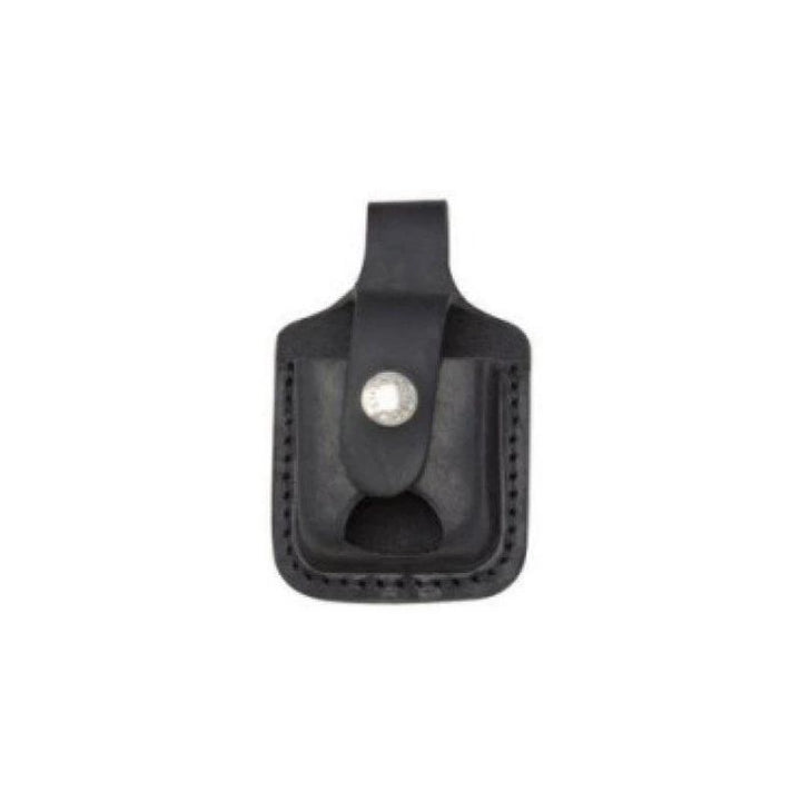 A black leather Zippo LPTBK  belt holster with a snap-button closure, shown against a plain white background.