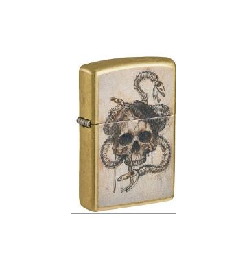 A gold Zippo-style lighter with a vintage-style illustration of a skull wrapped in snakes on the front, shown against a plain white background.