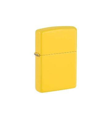 A classic rectangular Zippo lighter with rounded corners, featuring a solid bright yellow finish and a small silver metal hinge on the left side, set against a plain white background.