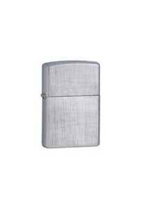 A classic Zippo rectangular linen-weave lighter with a brushed silver finish and a small hinge on the left side, shown against a plain white background.