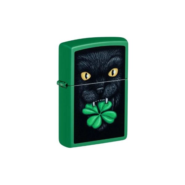 A green Zippo-style lighter with a printed design of a black cat holding a green four-leaf clover, shown on a plain white background.