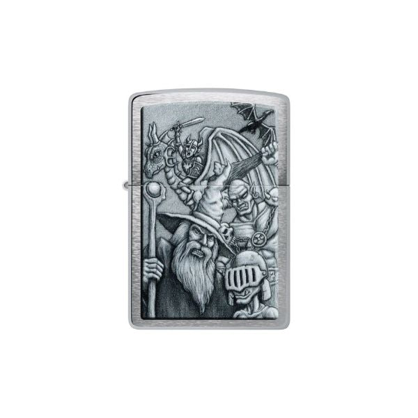 A silver metal Zippo lighter with a highly detailed, embossed fantasy illustration featuring a wizard, a knight, a dragon, and a skull on a plain white background.