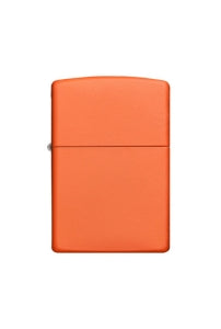 A classic Zippo rectangular lighter with rounded corners, featuring a smooth matte orange finish and a small silver metal hinge on the left side, set against a plain white background.