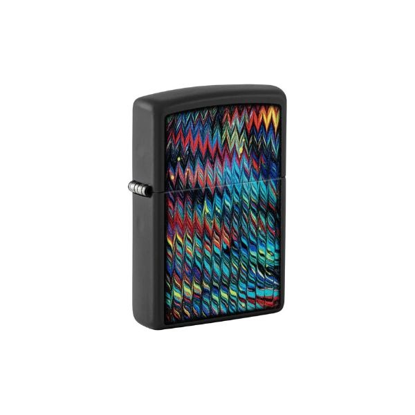 A matte black Zippo-style lighter with a colorful, multi-toned zigzag pattern on the front, shown on a plain white background.