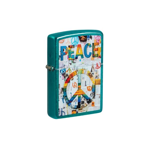 A teal Zippo-style lighter with a colorful peace-themed collage design on the front, featuring the word &