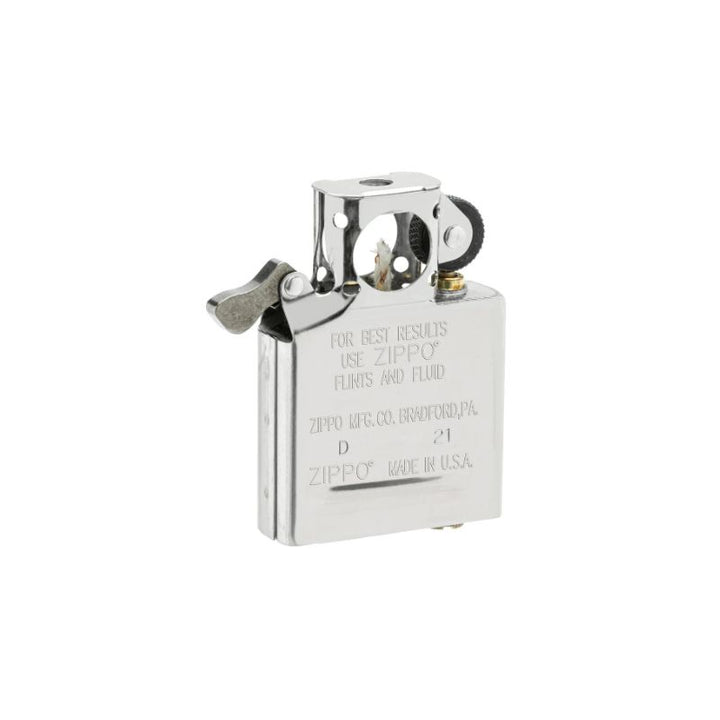 A classic silver metal Zippo lighter with engraved text on the side, shown against a plain white background.
