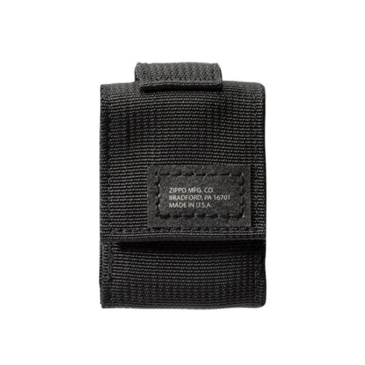 A black nylon Zippo lighter tactical utility pouch with a top hook-and-loop strap and a stitched label reading &