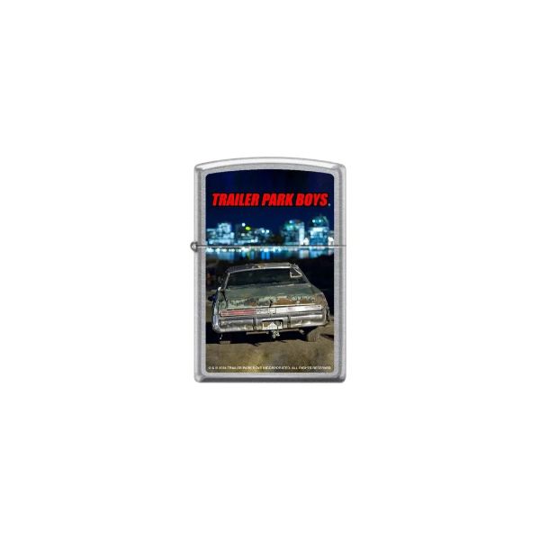 A silver metal Zippo lighter with a printed graphic of a classic car and the red text &