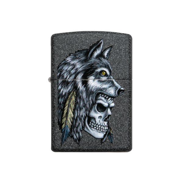 A rectangular black Zippo lighter with a textured finish, featuring a detailed graphic of a wolf head merging with a skull and a feather accent, on a plain white background.