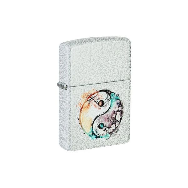 A silver textured Zippo lighter with a colorful watercolor-style yin-yang design on the front, set against a plain white background.