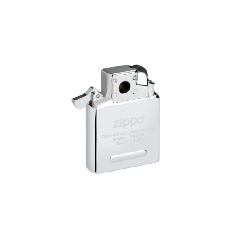 A classic Zippo lighter yellow-flame butane pipe insert, made of polished steel, with a brushed silver finish and the iconic Zippo logo engraved on the front, set against a plain white background.