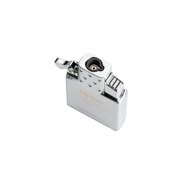 A classic Zippo-style butane single torch pocket lighter with a polished chrome finish, featuring a hinged flame guard and a textured ignition button, shown on a plain white background.