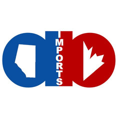 Logo with blue and red design featuring a leaf, text 'IMPORTS', and a white background.