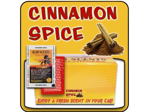 Cinnamon spice car freshener packaging with cinnamon sticks on a yellow background