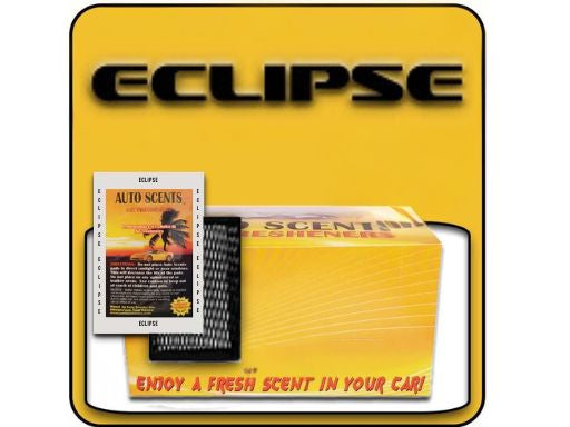 Eclipse car air freshener packaging with a yellow background