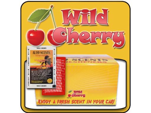 Wild Cherry car freshener packaging with a yellow background