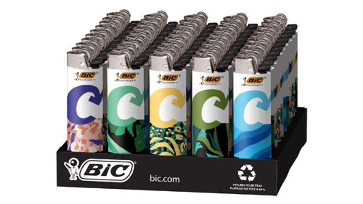 Display of BIC lighters with colorful designs on a white background
