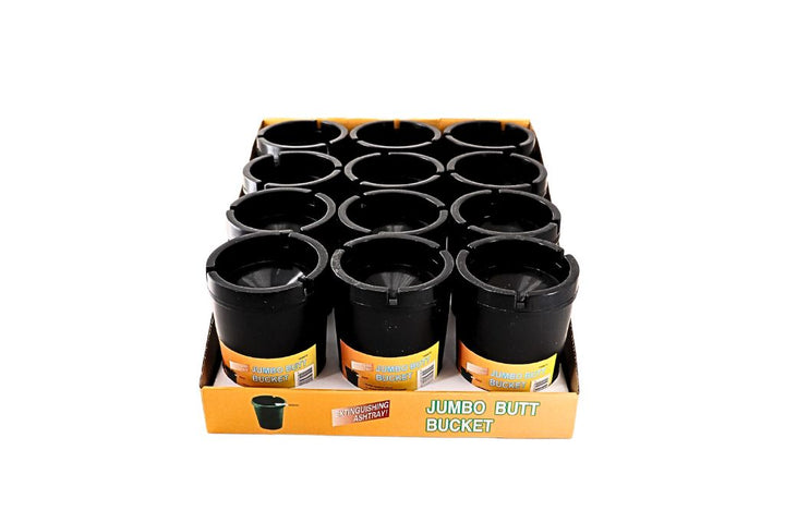 Pack of black jumbo butt buckets in a cardboard box on a white background