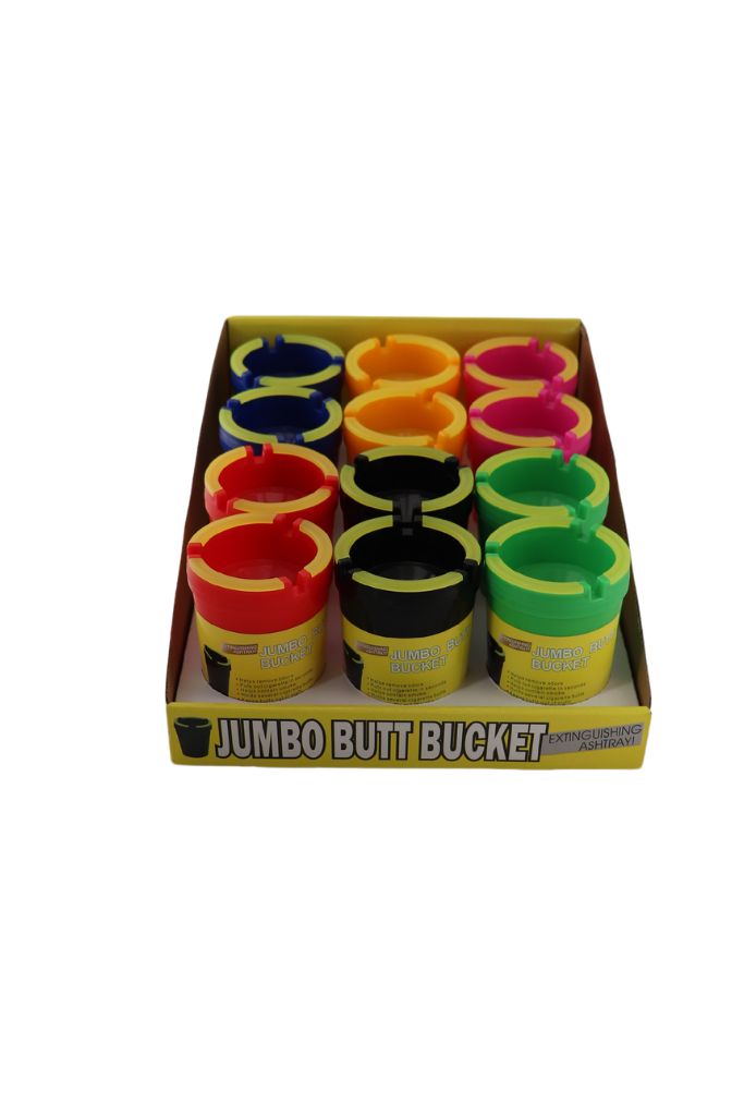 Assorted colorful Jumbo Butt Bucket containers in a cardboard box on a white background